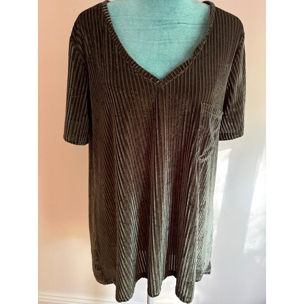 Pol Medium Ribbed Velvet Pleated V-Neck Top Olive Green Whimsigoth Grunge Te
